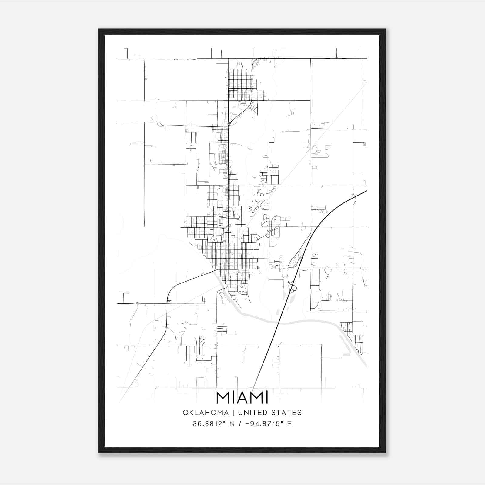 Miami Oklahoma Map Poster, Modern Home Decor Wall Art Print
