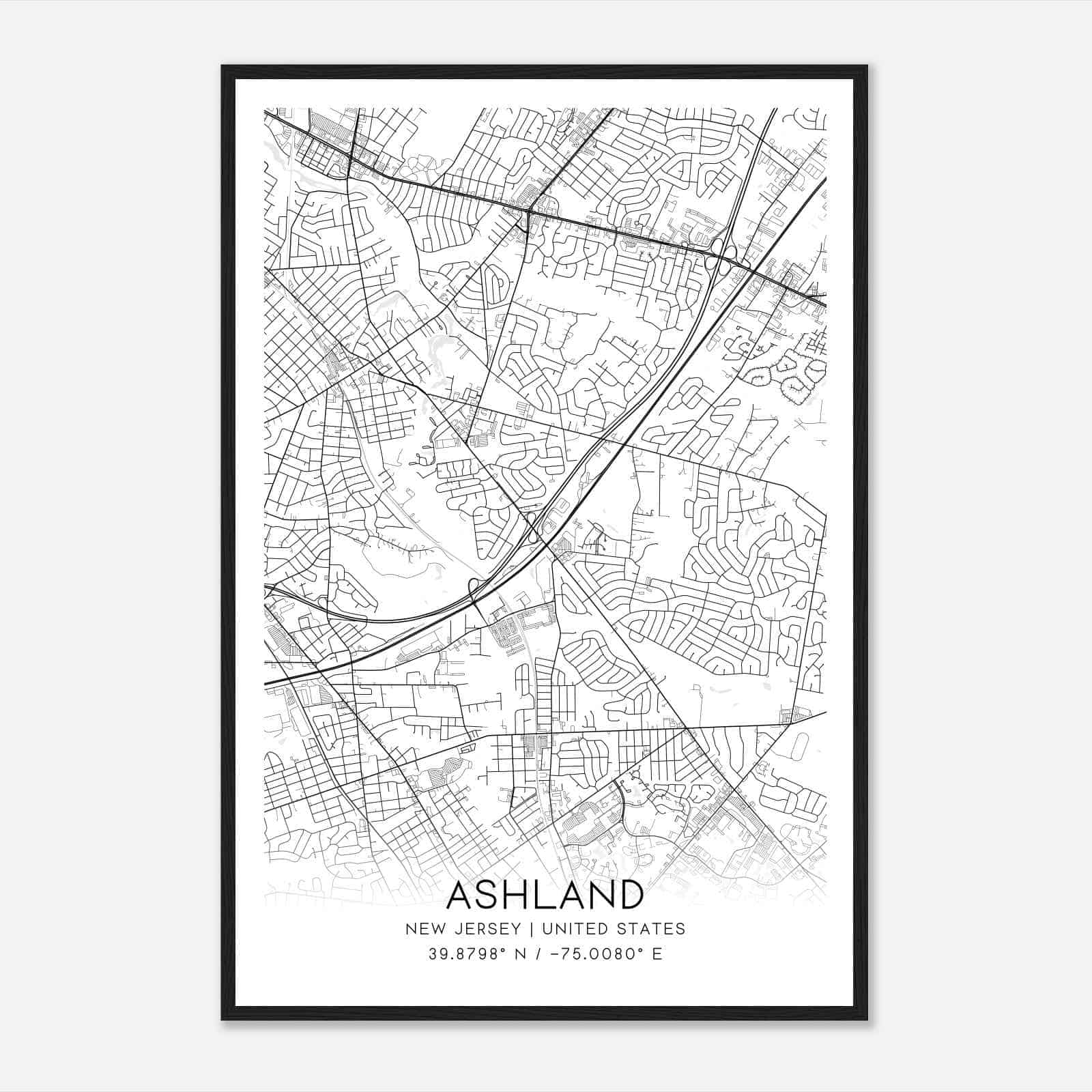 Ashland New Jersey Map Poster, Modern Home Decor Wall Art Print