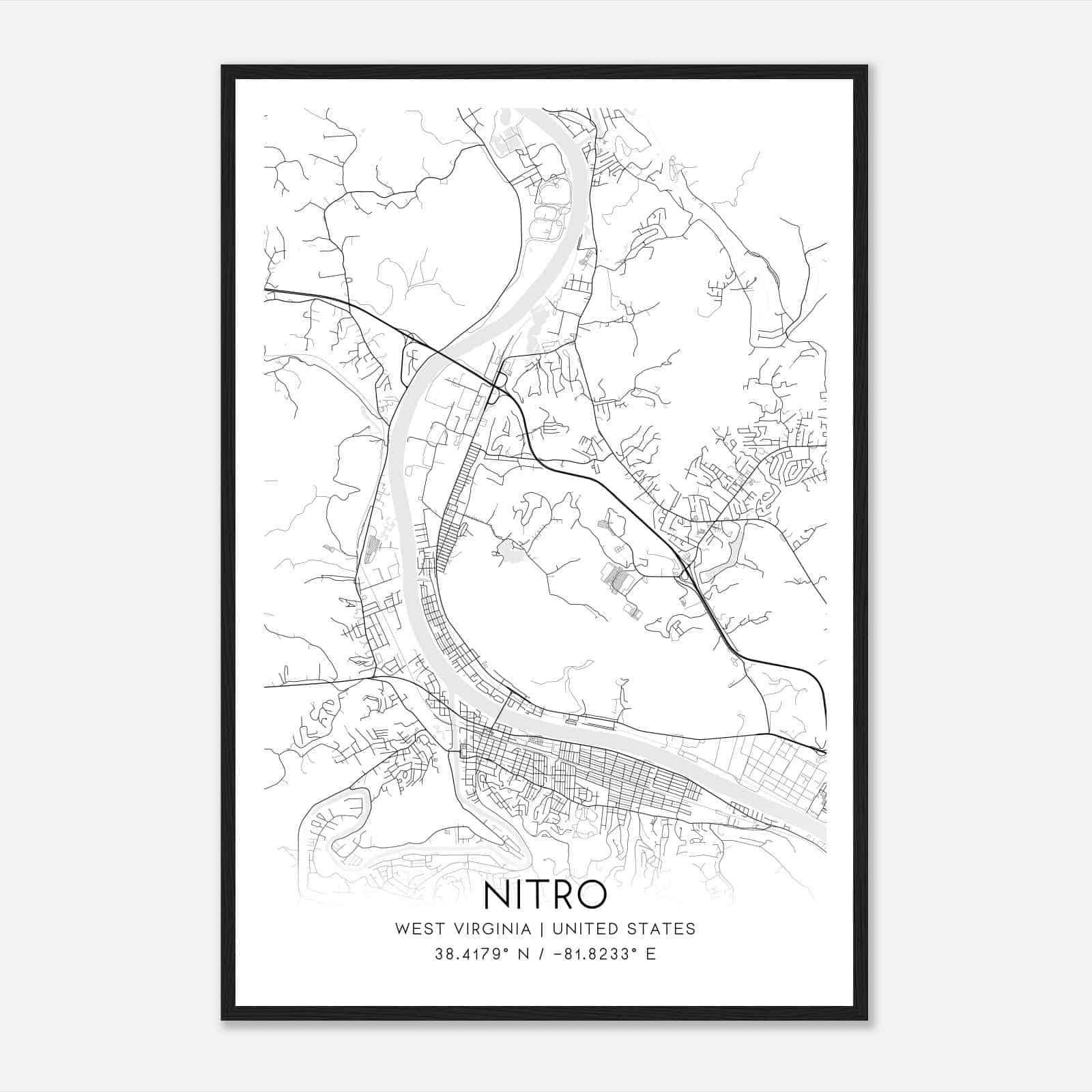 Nitro West Virginia Map Poster, Modern Home Decor Wall Art Print