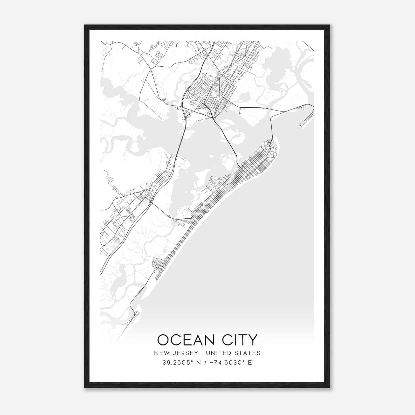 Ocean City New Jersey Map Poster, Modern Home Decor Wall Art Print
