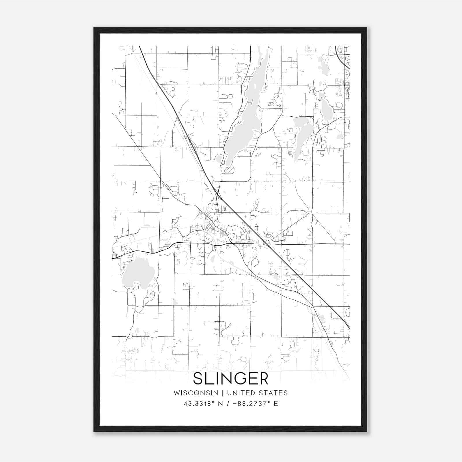 Slinger Wisconsin Map Poster, Modern Home Decor Wall Art Print