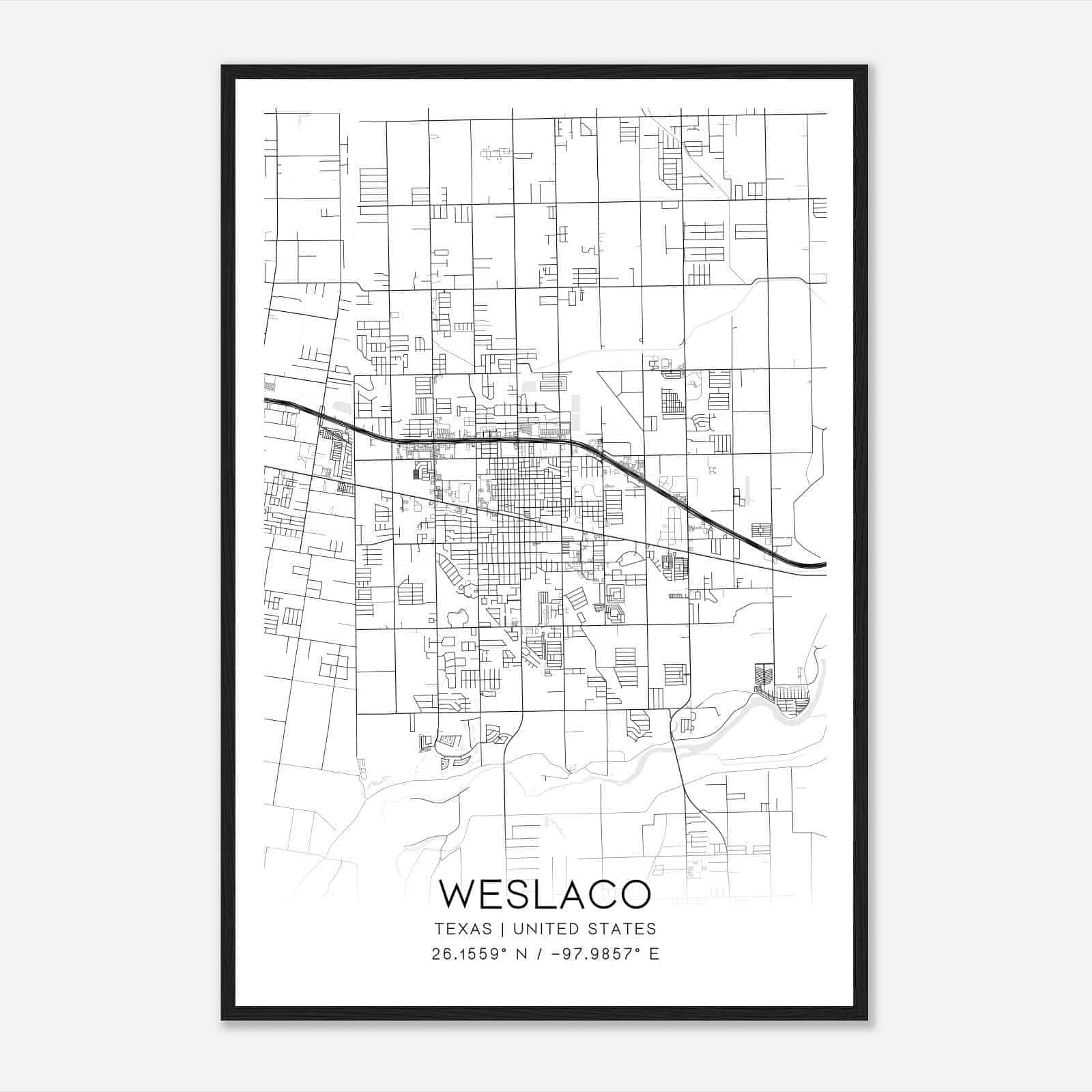 Weslaco Texas Map Poster, Modern Home Decor Wall Art Print