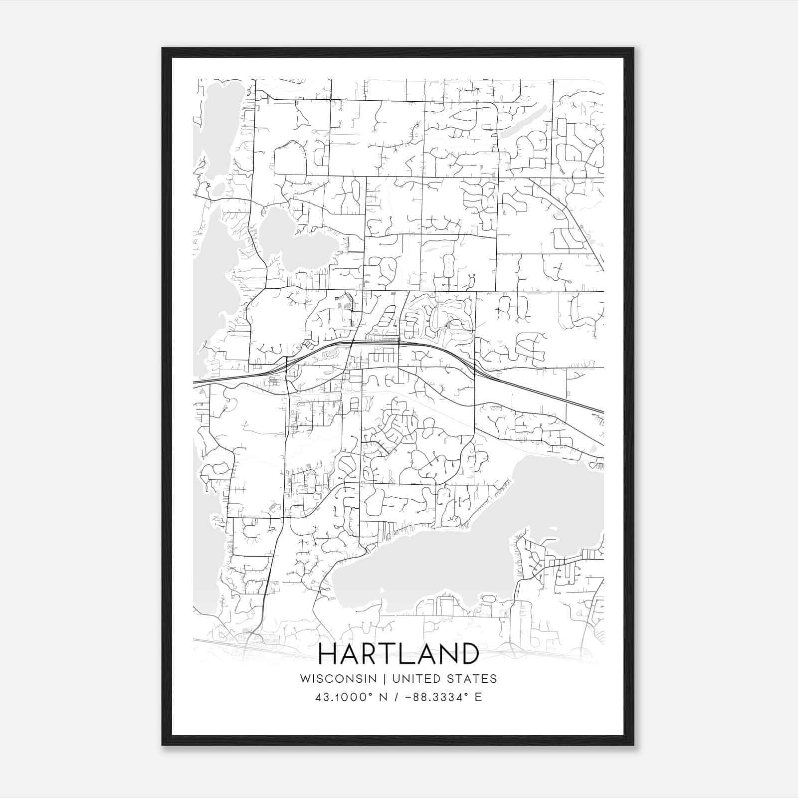 Hartland Wisconsin Map Poster, Modern Home Decor Wall Art Print
