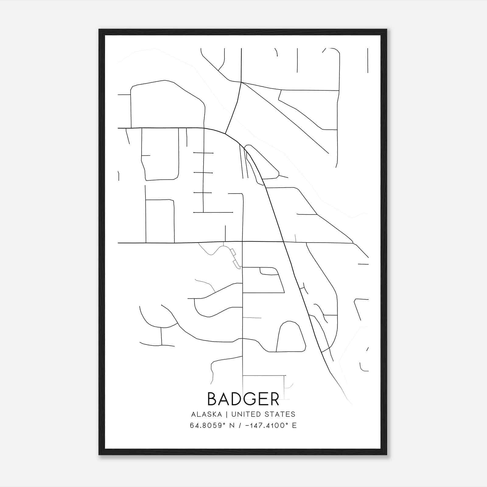 Badger Alaska Map Poster, Modern Home Decor Wall Art Print