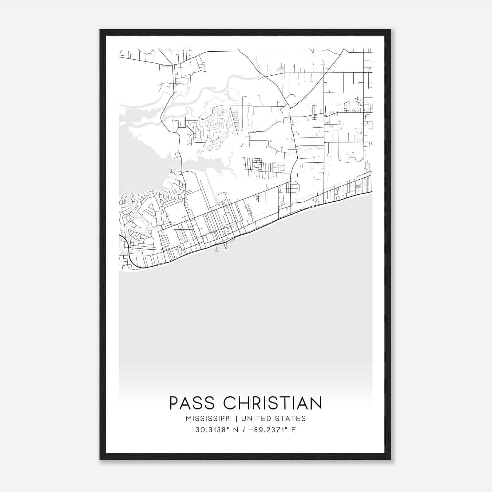 Pass Christian Mississippi Map Poster, Modern Home Decor Wall Art Print