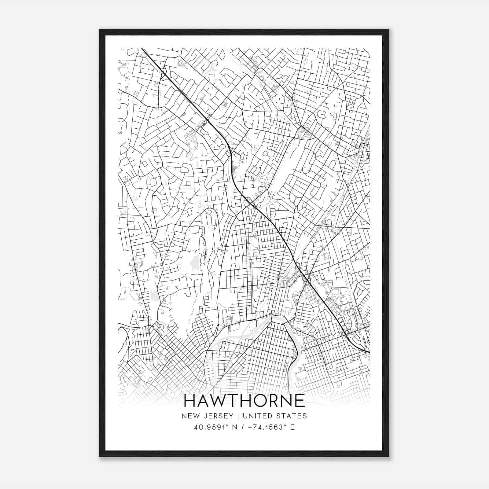 Hawthorne New Jersey Map Poster, Modern Home Decor Wall Art Print