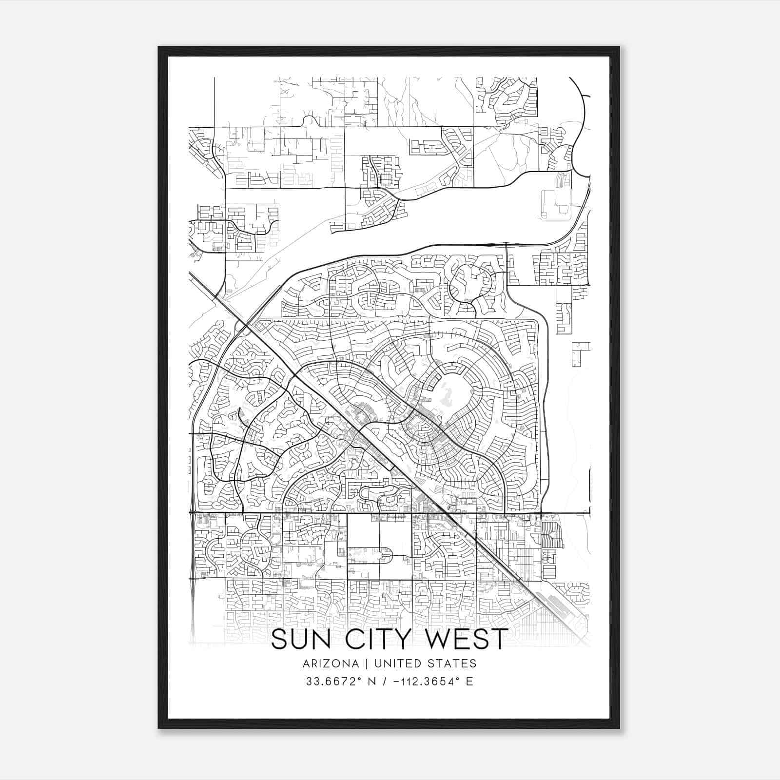 Sun City West Arizona Map Poster, Modern Home Decor Wall Art Print