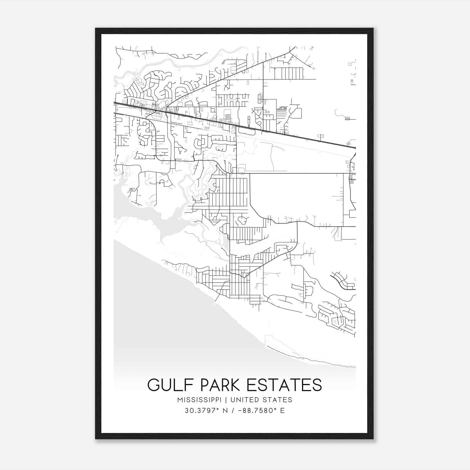 Gulf Park Estates Mississippi Map Poster, Modern Home Decor Wall Art Print