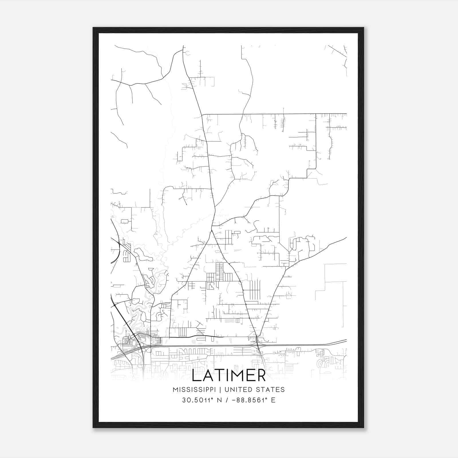 Latimer Mississippi Map Poster, Modern Home Decor Wall Art Print