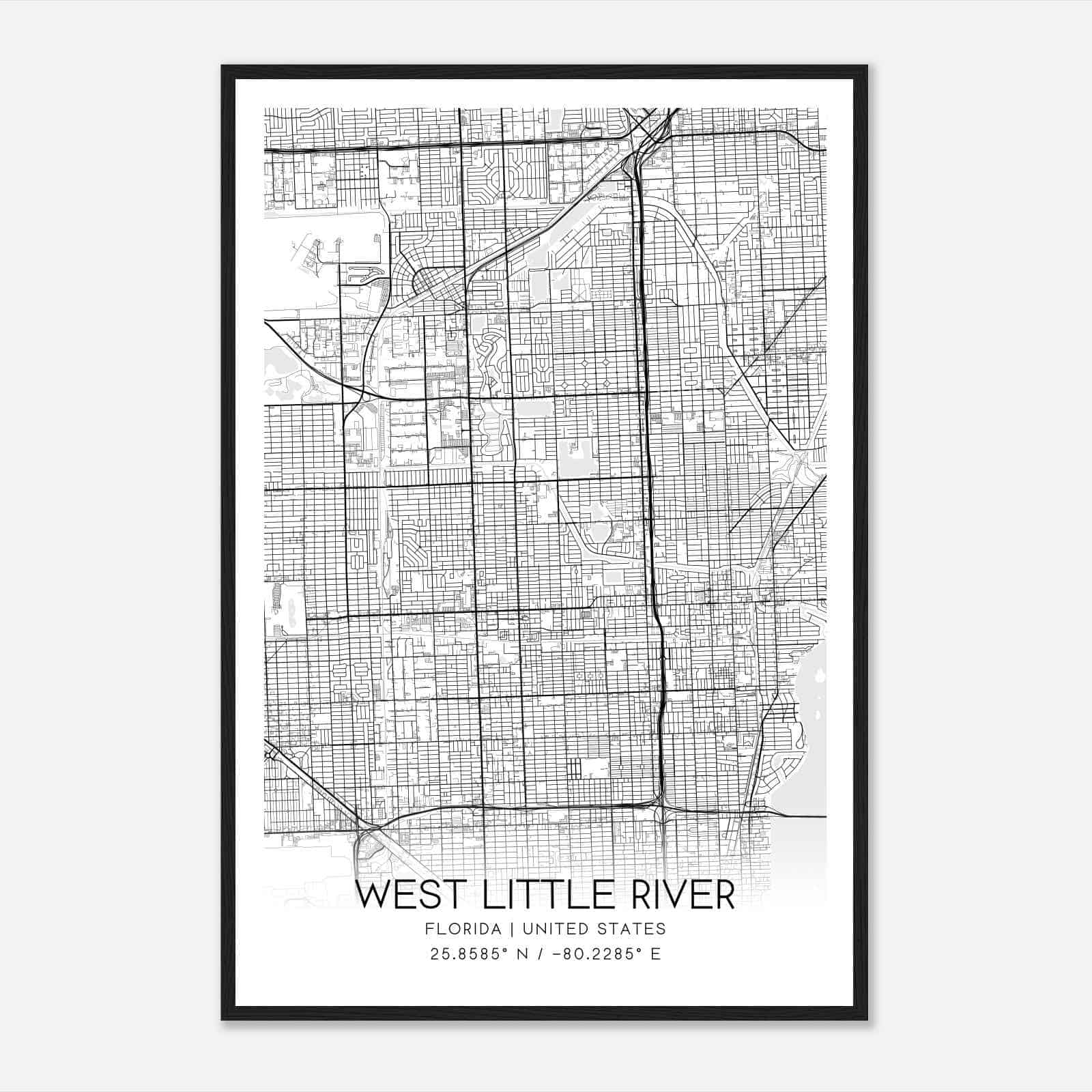 West Little River Florida Map Poster, Modern Home Decor Wall Art Print