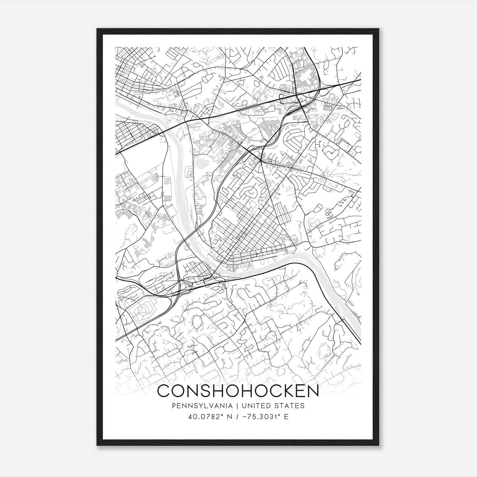 Conshohocken Pennsylvania Map Poster, Modern Home Decor Wall Art Print