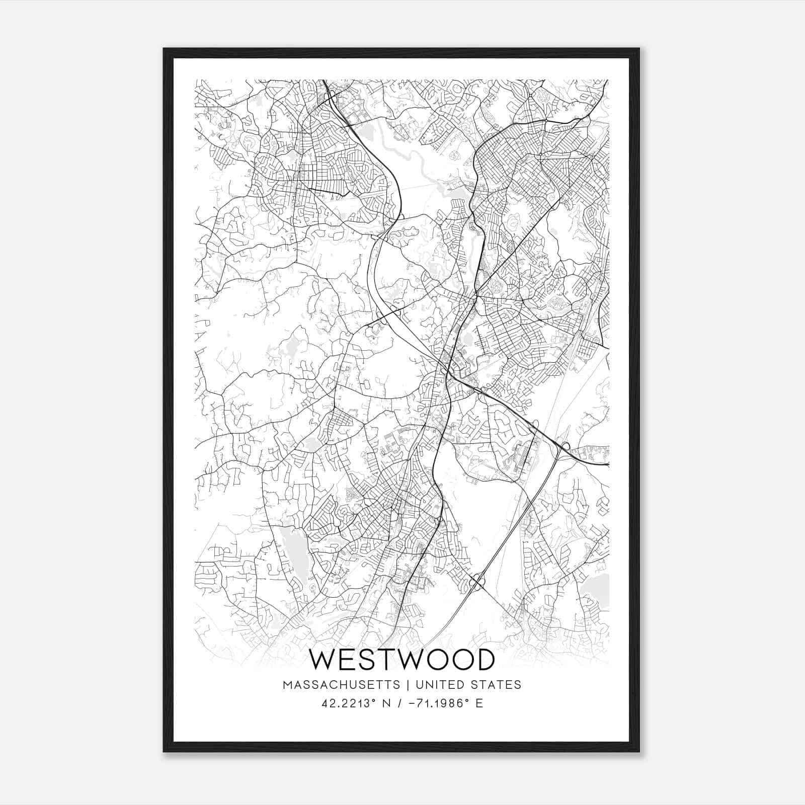 Westwood Massachusetts Map Poster, Modern Home Decor Wall Art Print