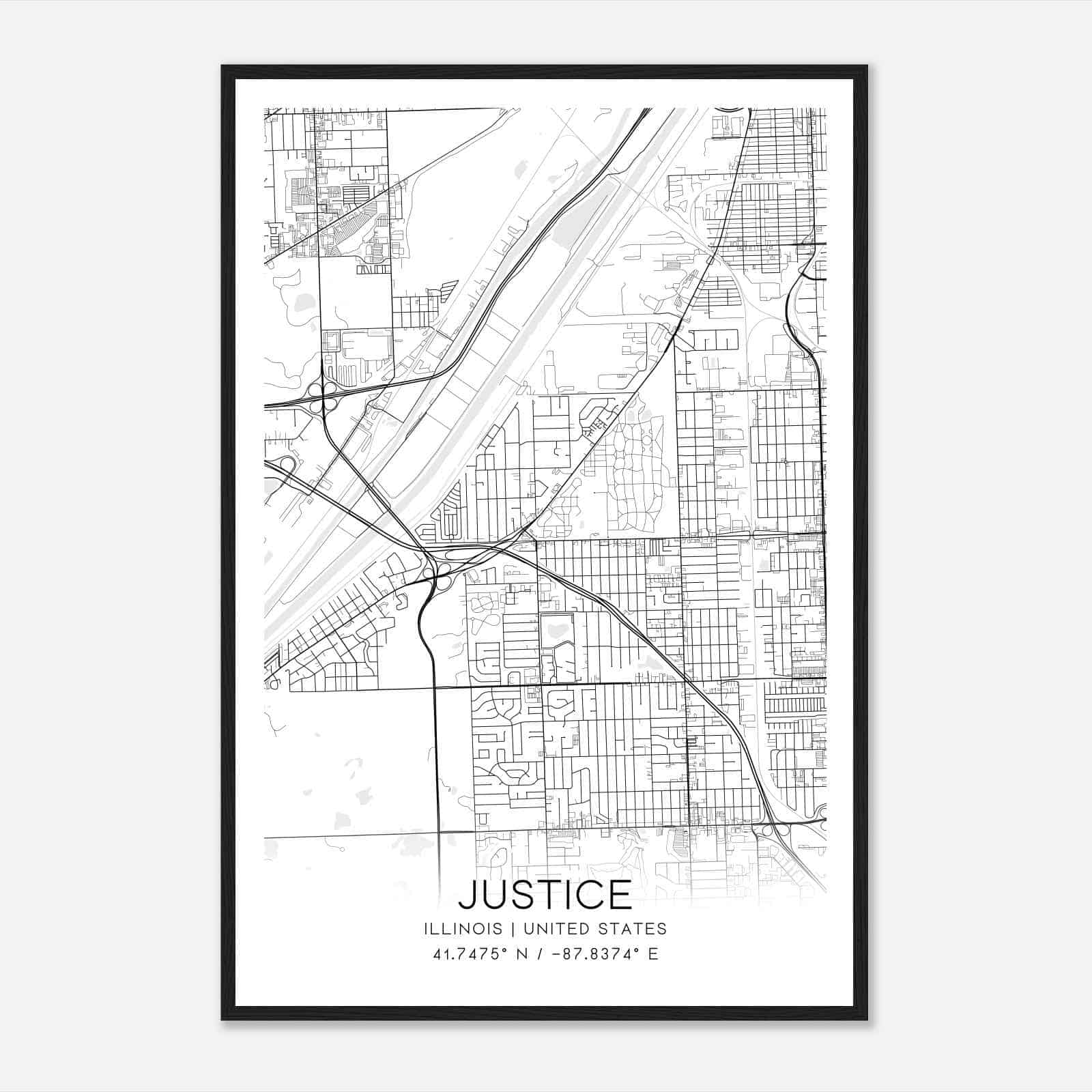 Justice Illinois Map Poster, Modern Home Decor Wall Art Print