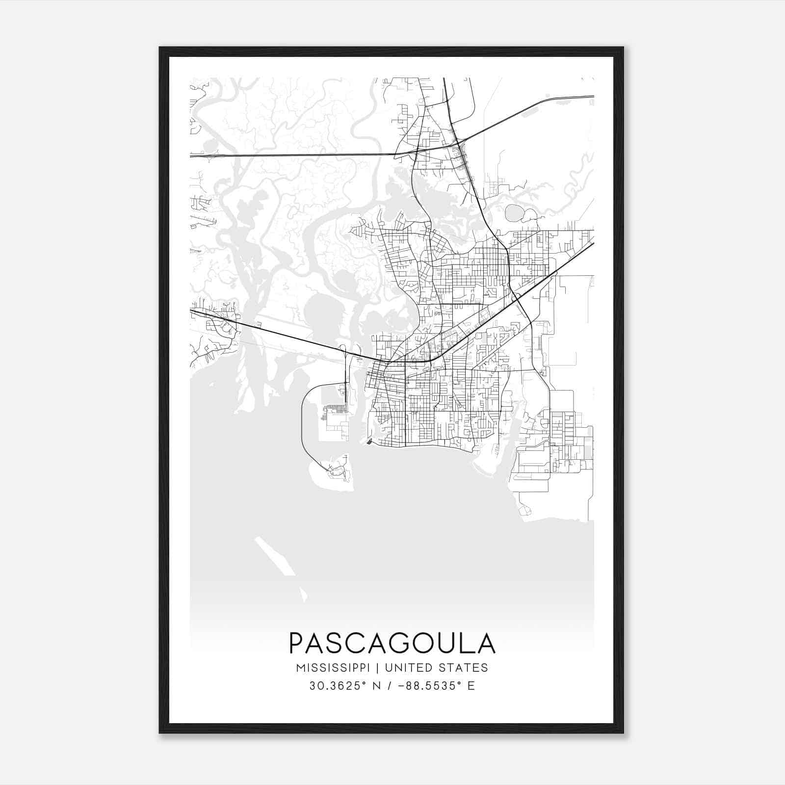 Pascagoula Mississippi Map Poster, Modern Home Decor Wall Art Print