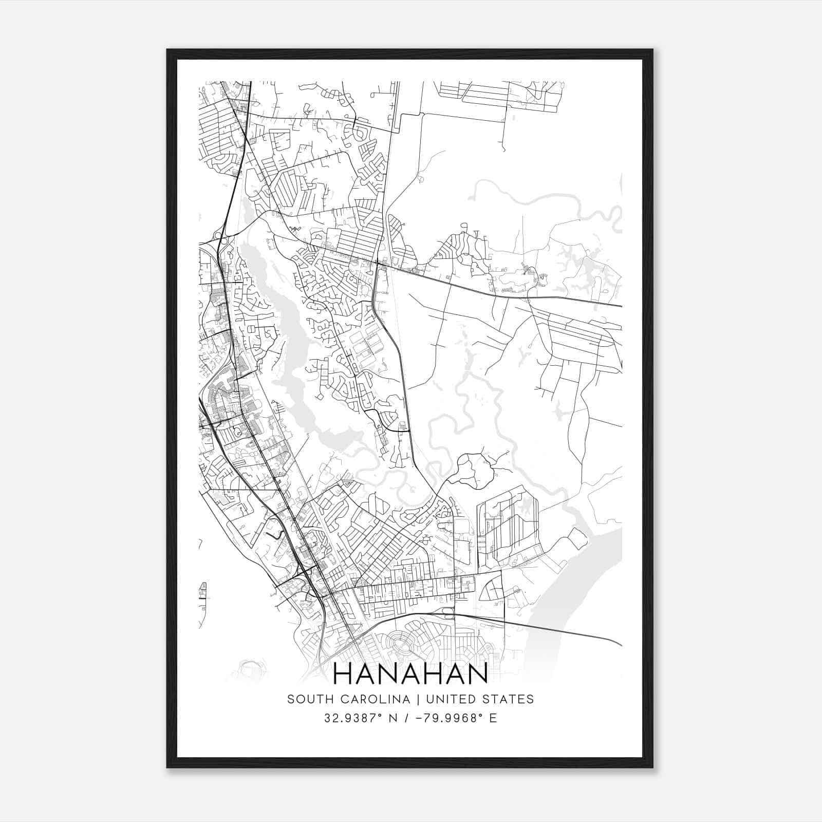 Hanahan South Carolina Map Poster, Modern Home Decor Wall Art Print