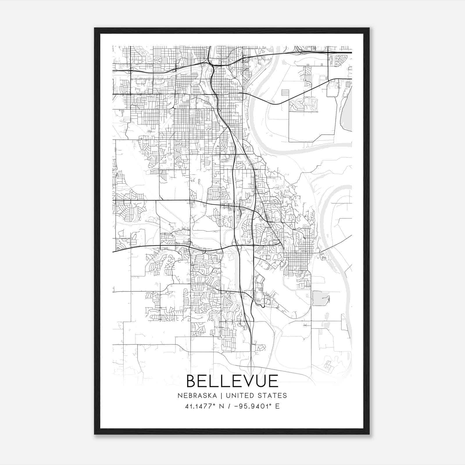 Bellevue Nebraska Map Poster, Modern Home Decor Wall Art Print