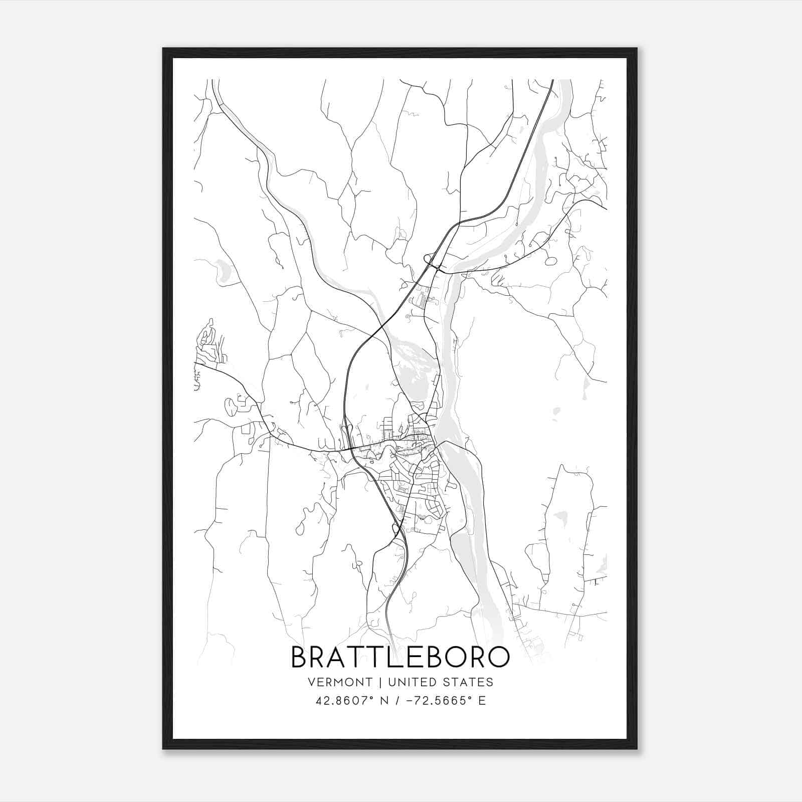 Brattleboro Vermont Map Poster, Modern Home Decor Wall Art Print