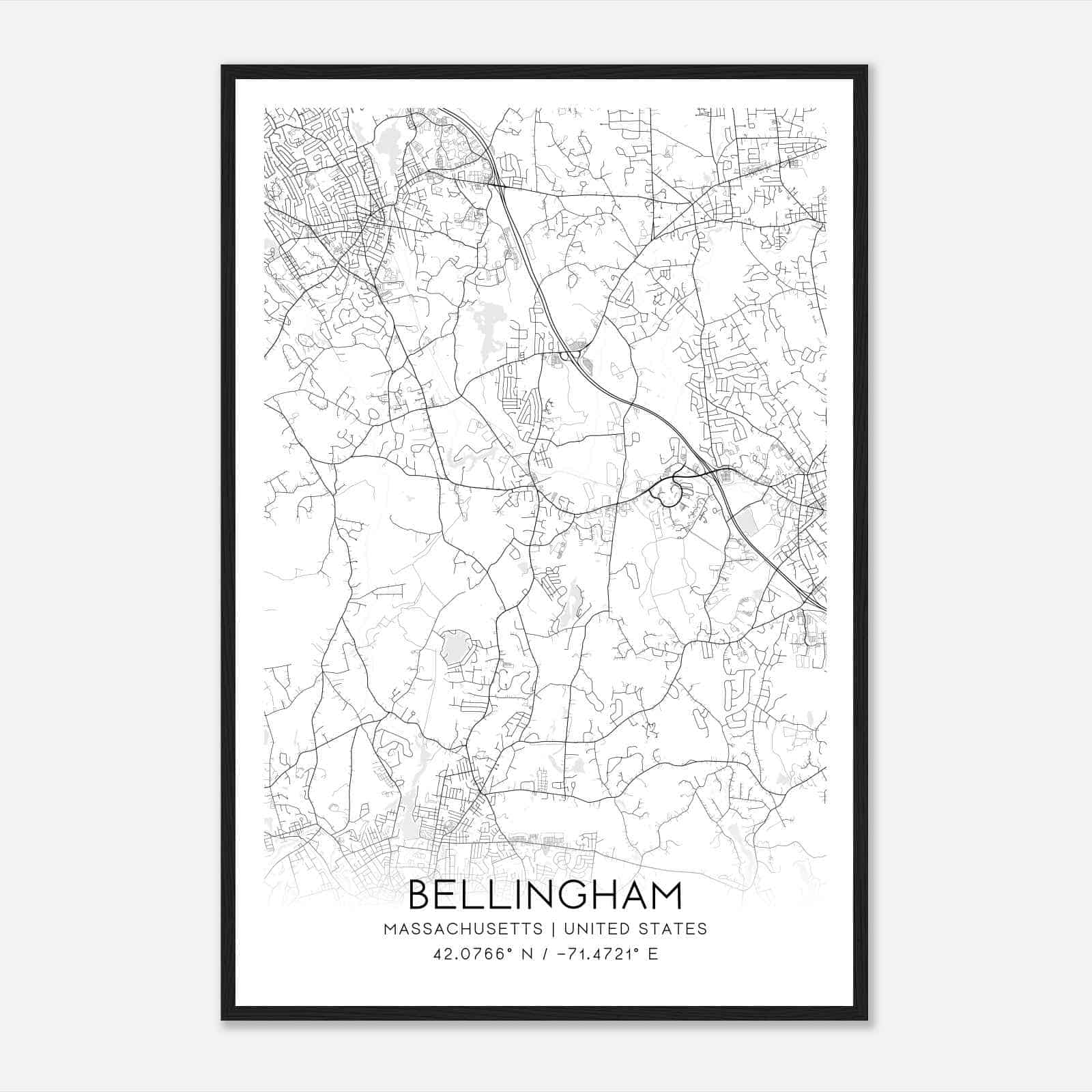 Bellingham Massachusetts Map Poster, Modern Home Decor Wall Art Print