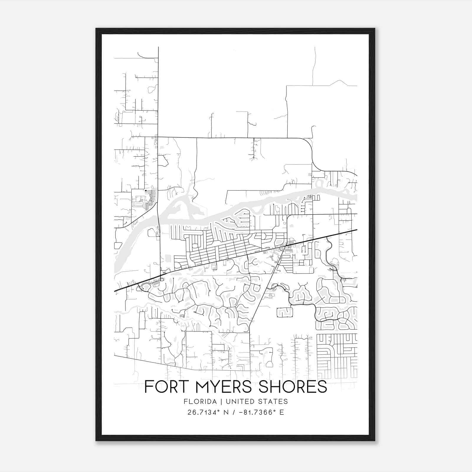 Fort Myers Shores Florida Map Poster, Modern Home Decor Wall Art Print