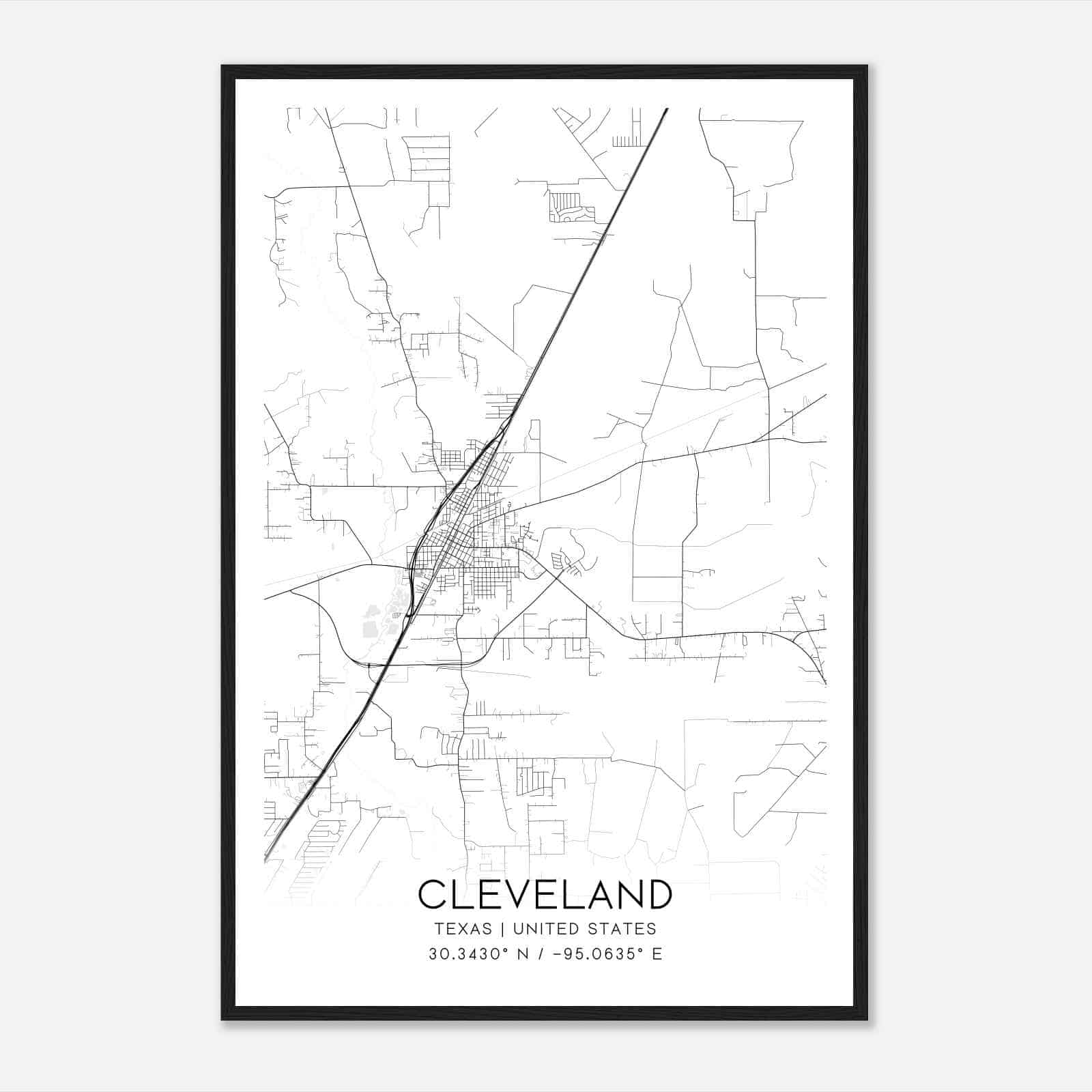 Cleveland Texas Map Poster, Modern Home Decor Wall Art Print
