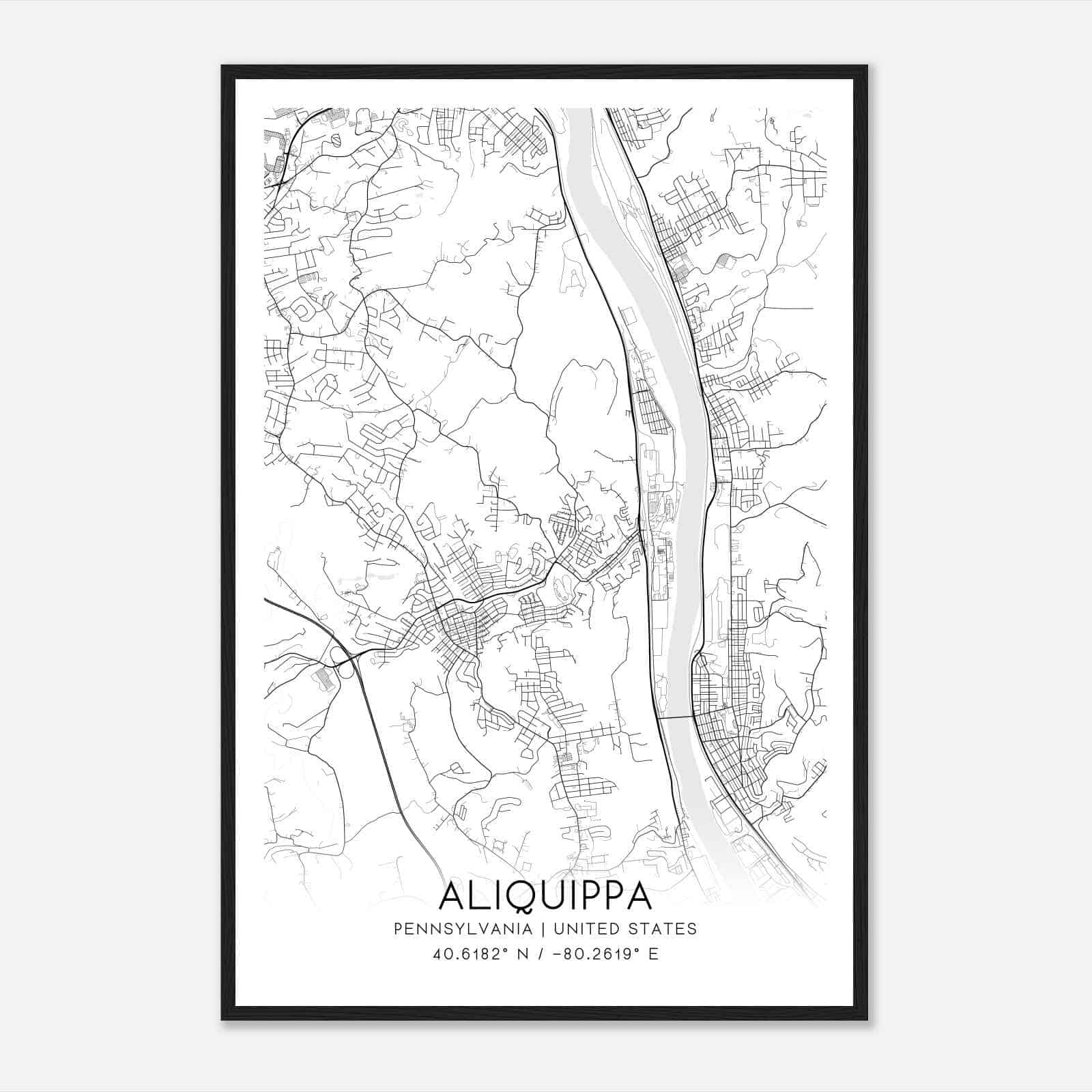 Aliquippa Pennsylvania Map Poster, Modern Home Decor Wall Art Print