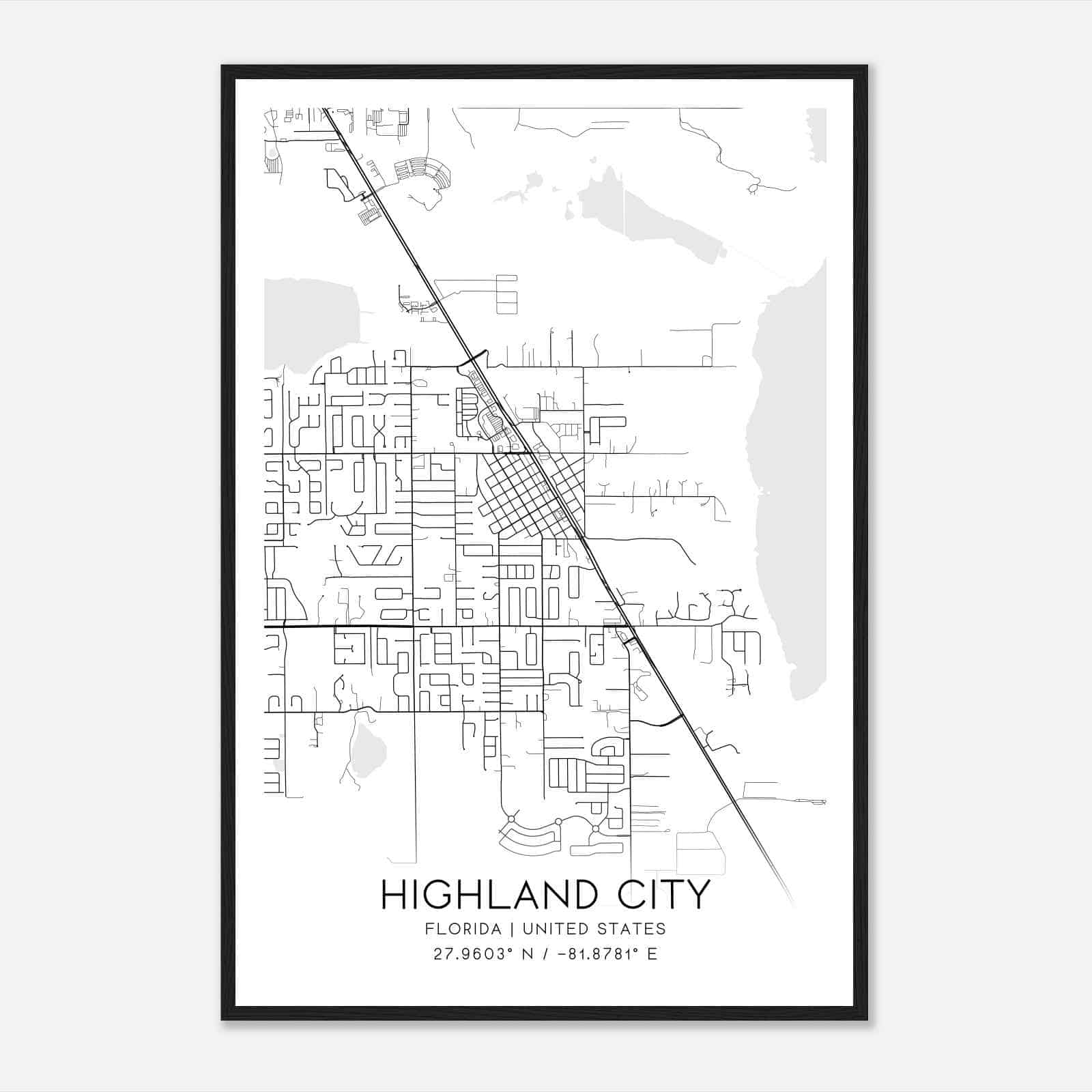 Highland City Florida Map Poster, Modern Home Decor Wall Art Print