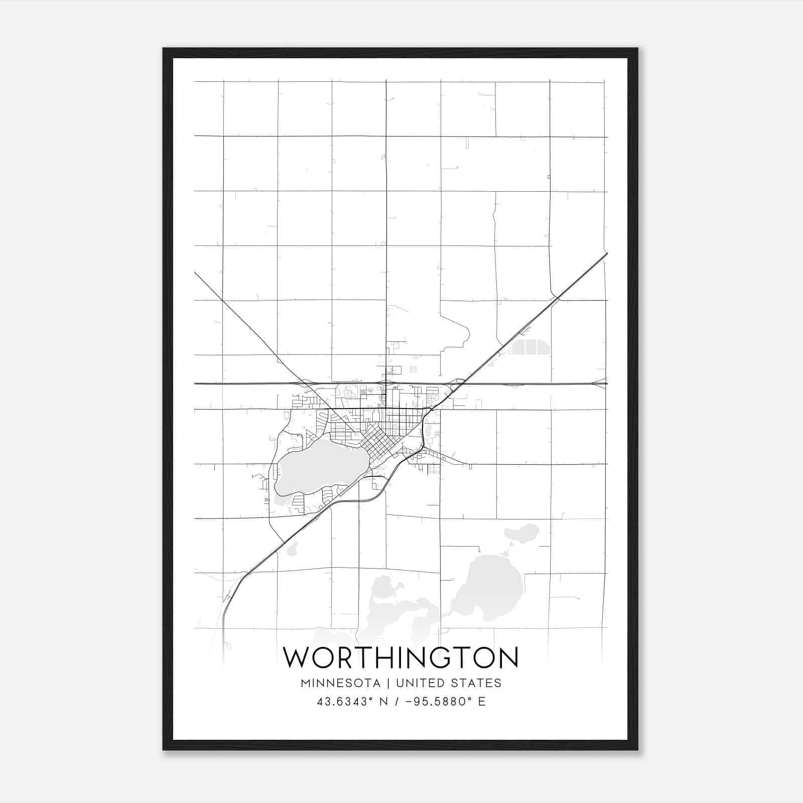 Worthington Minnesota Map Poster, Modern Home Decor Wall Art Print