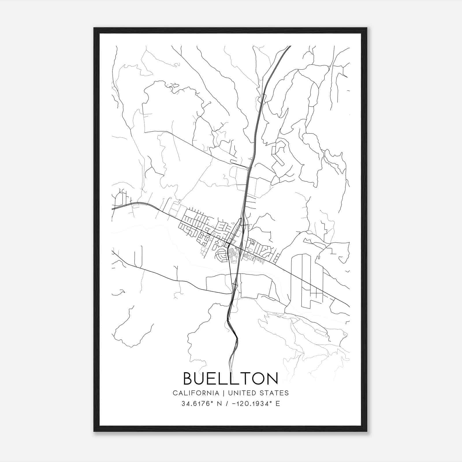 Buellton California Map Poster, Modern Home Decor Wall Art Print