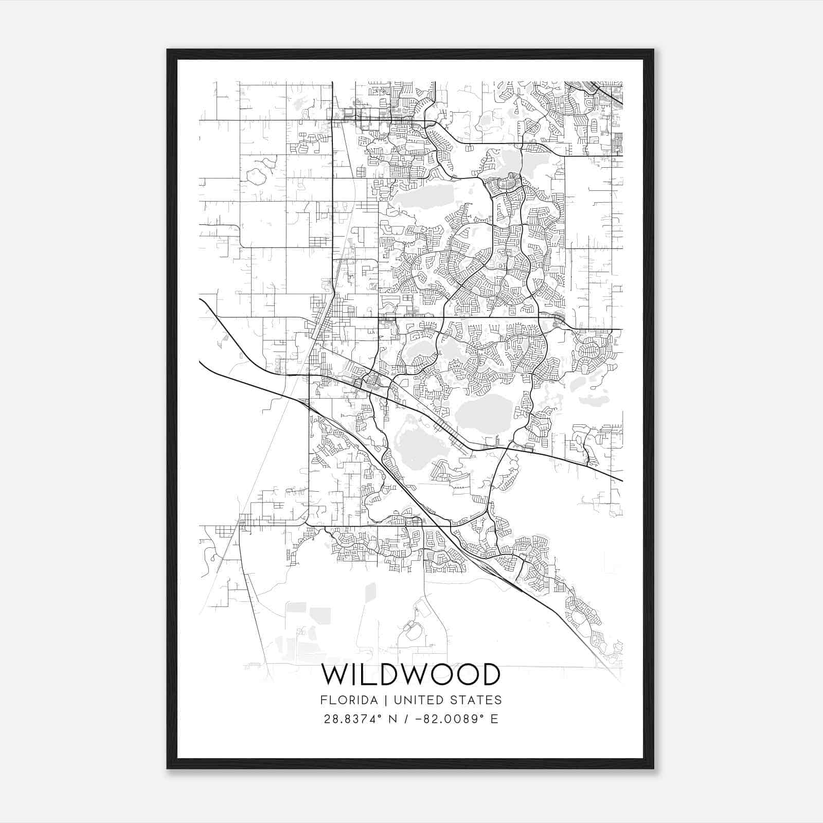 Wildwood Florida Map Poster, Modern Home Decor Wall Art Print