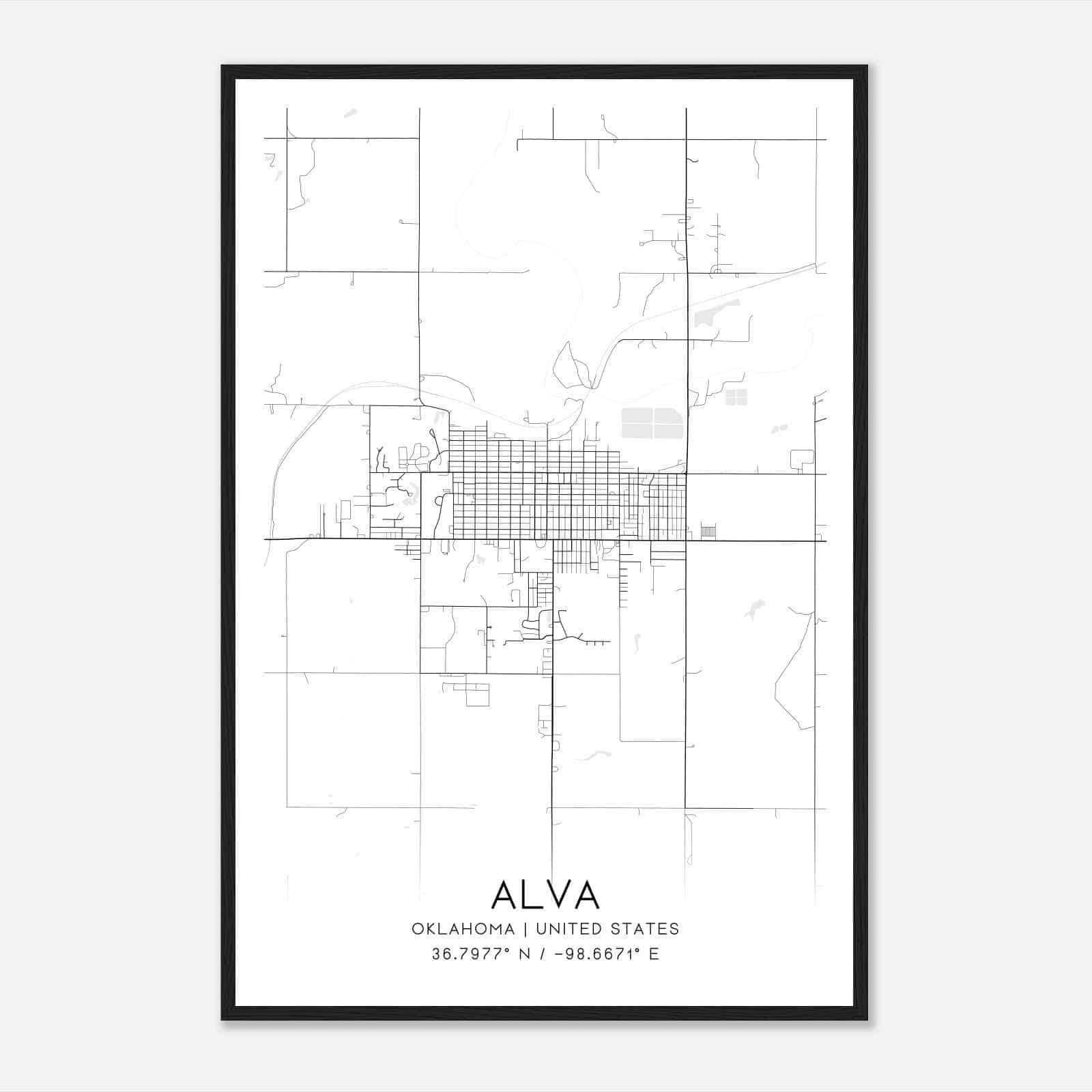 Alva Oklahoma Map Poster, Modern Home Decor Wall Art Print