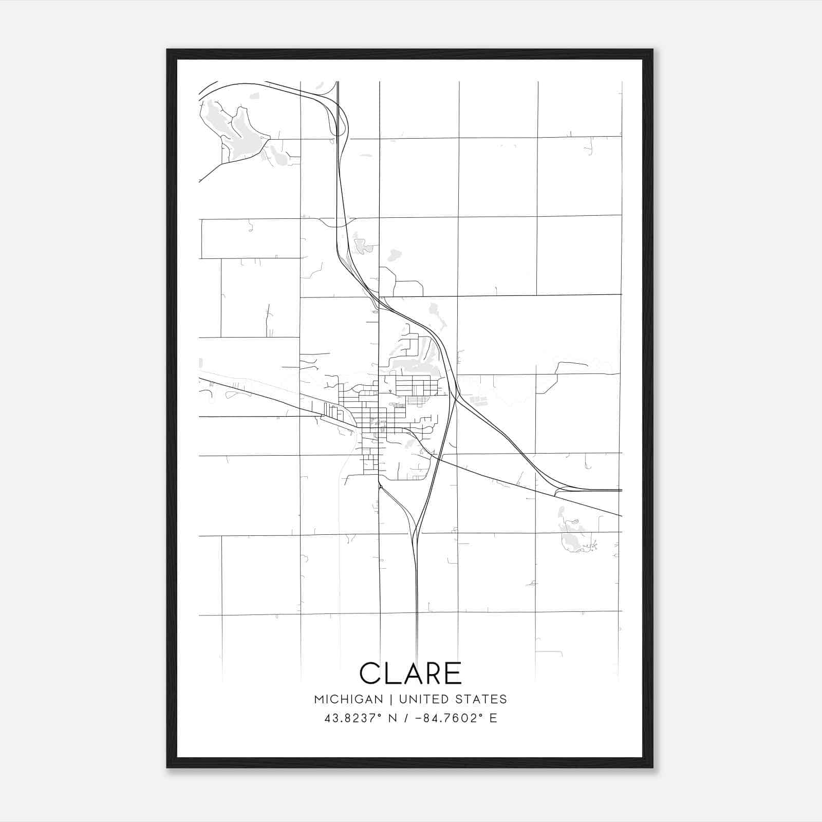 Clare Michigan Map Poster, Modern Home Decor Wall Art Print