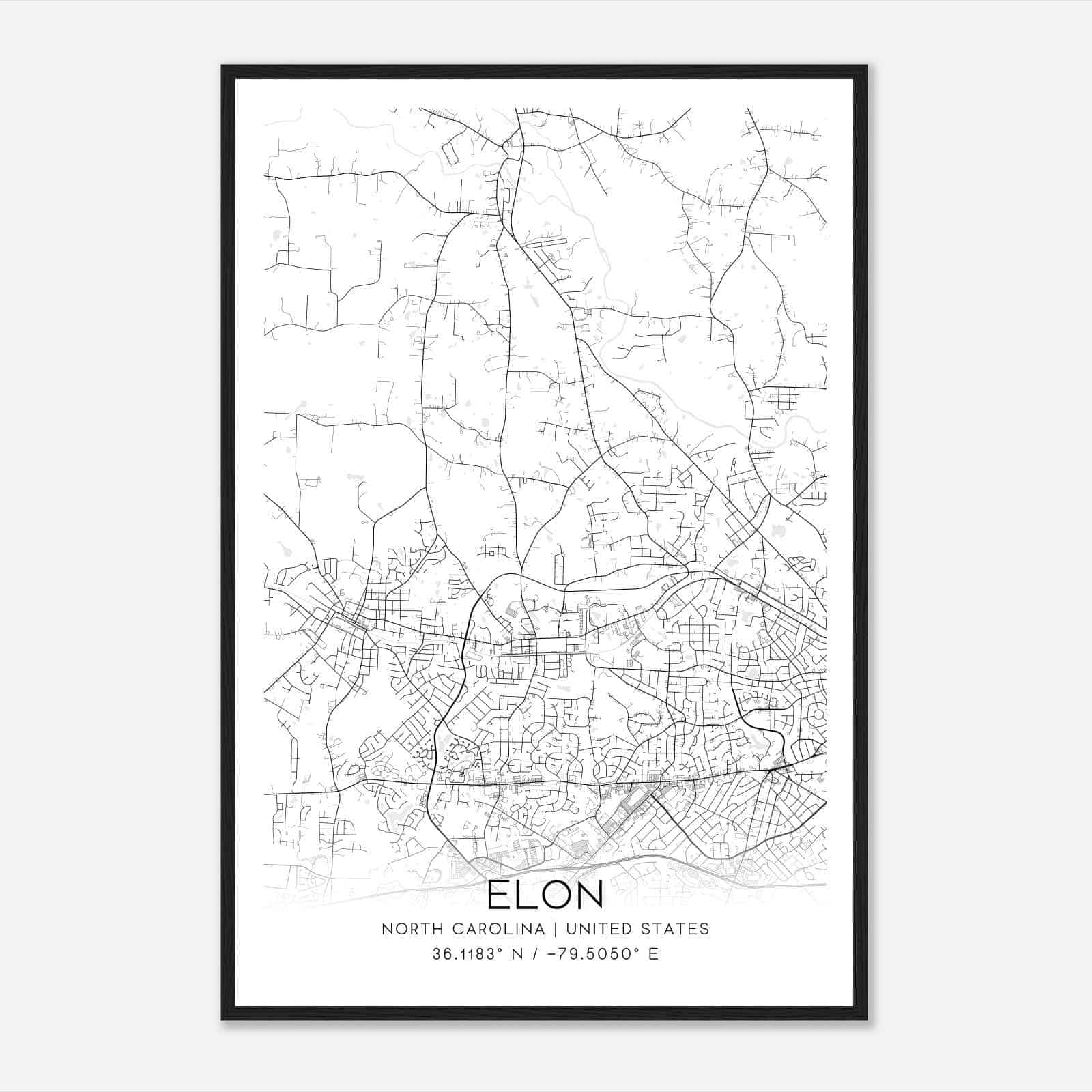 Elon North Carolina Map Poster, Modern Home Decor Wall Art Print