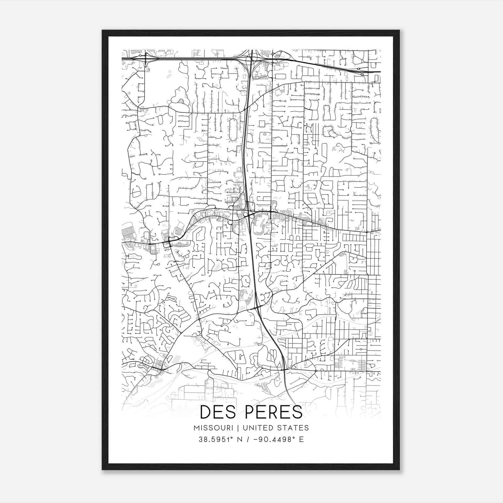 Des Peres Missouri Map Poster, Modern Home Decor Wall Art Print