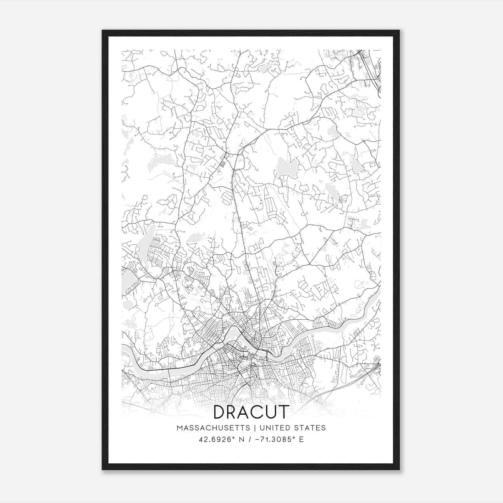 Dracut Massachusetts Map Poster, Modern Home Decor Wall Art Print
