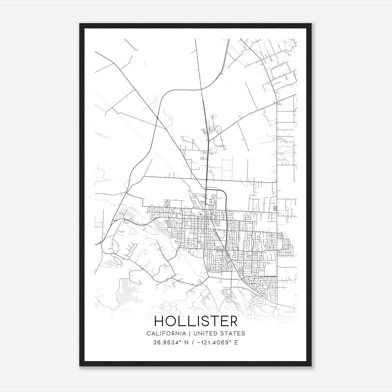Hollister California Map Poster, Modern Home Decor Wall Art Print