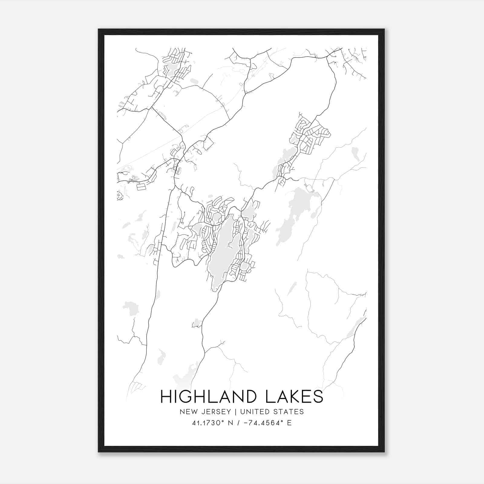 Highland Lakes New Jersey Map Poster, Modern Home Decor Wall Art Print