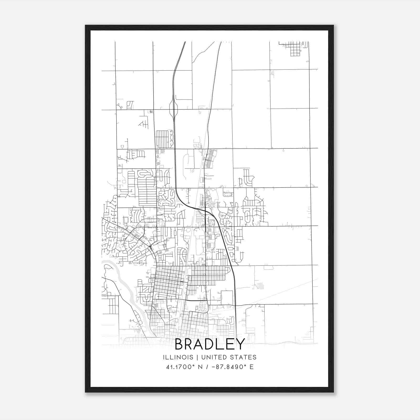 Bradley Illinois Map Poster, Modern Home Decor Wall Art Print