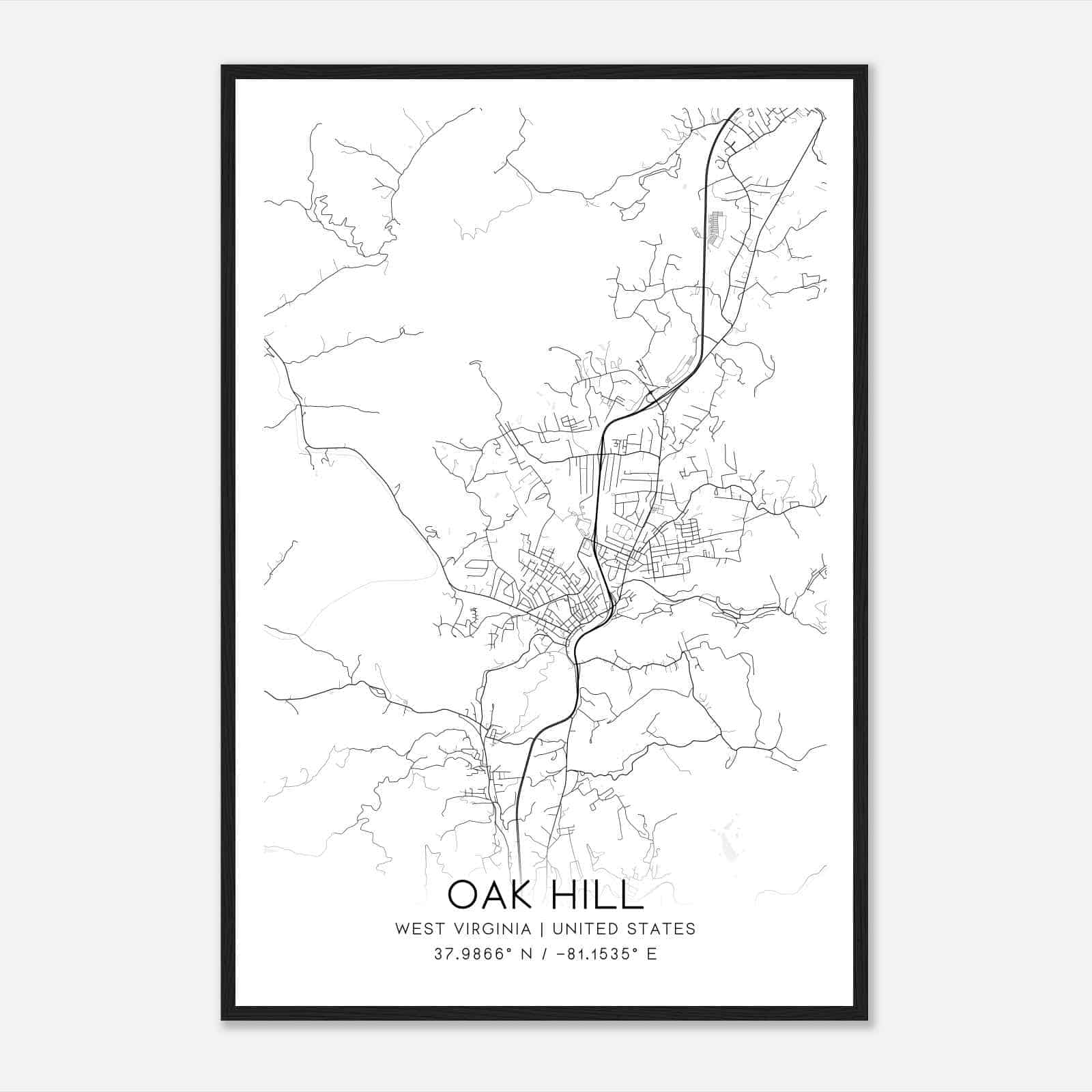 Oak Hill West Virginia Map Poster, Modern Home Decor Wall Art Print