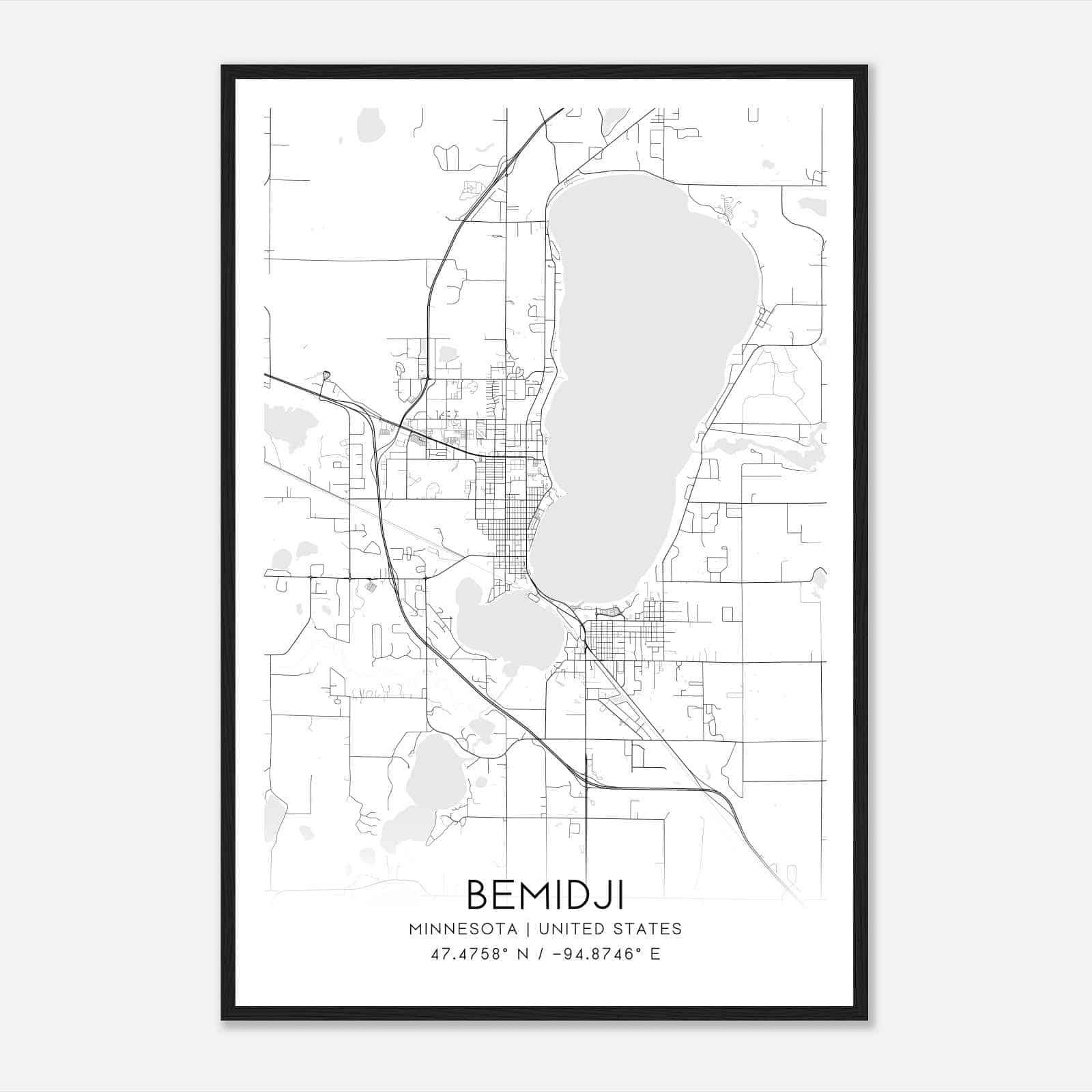 Bemidji Minnesota Map Poster, Modern Home Decor Wall Art Print