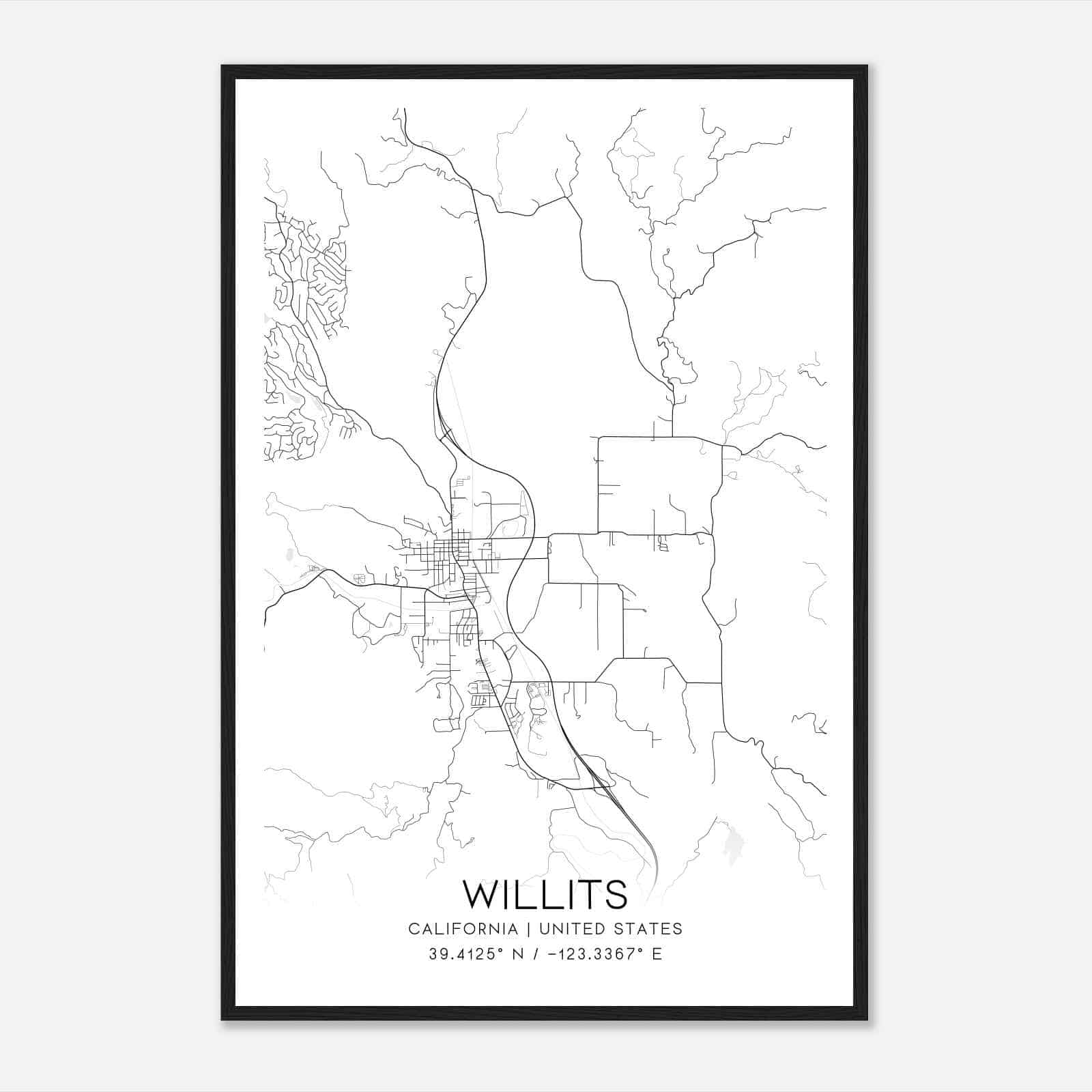 Willits California Map Poster, Modern Home Decor Wall Art Print