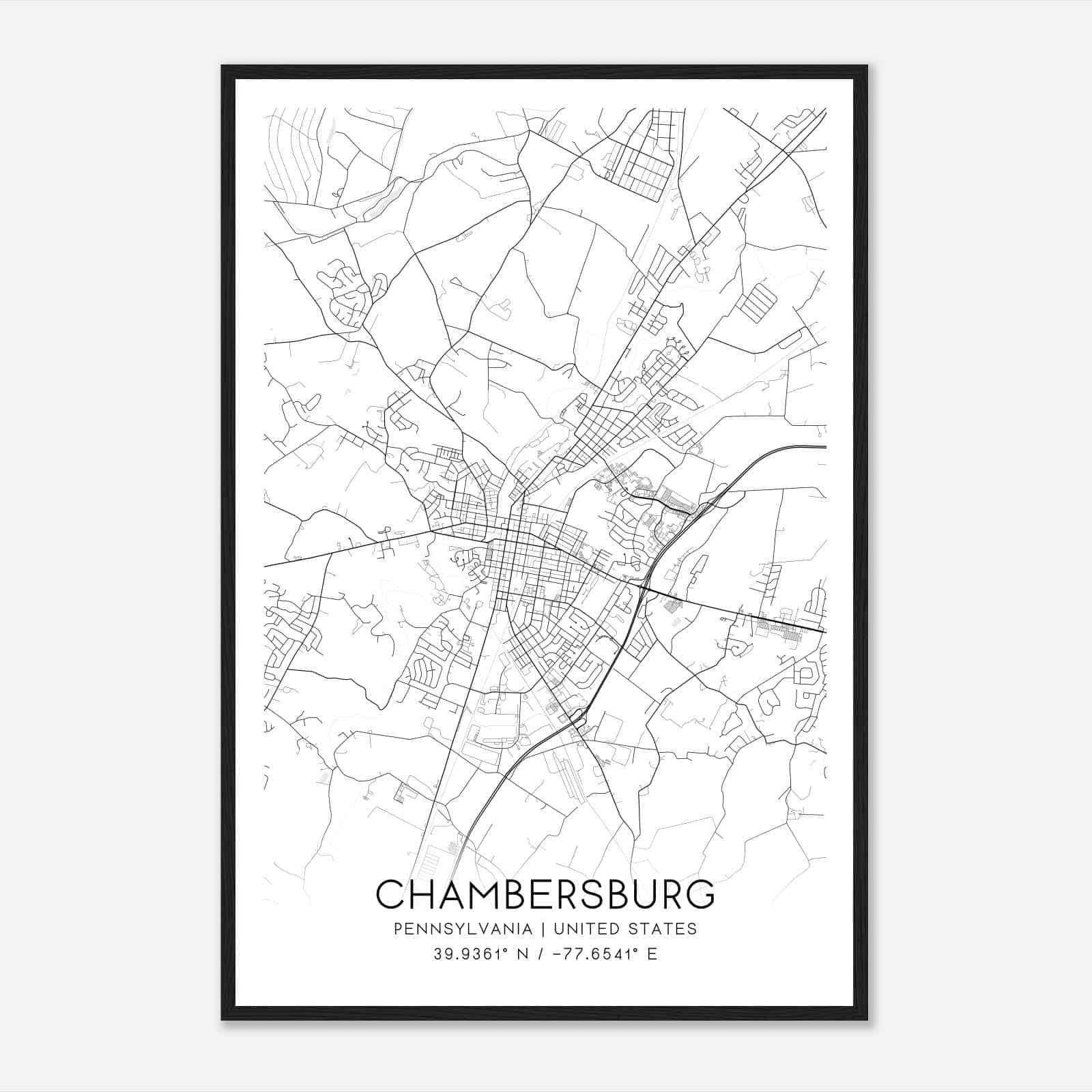 Chambersburg Pennsylvania Map Poster, Modern Home Decor Wall Art Print