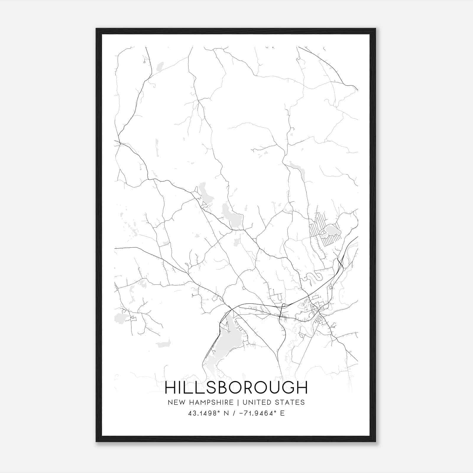 Hillsborough New Hampshire Map Poster, Modern Home Decor Wall Art Print