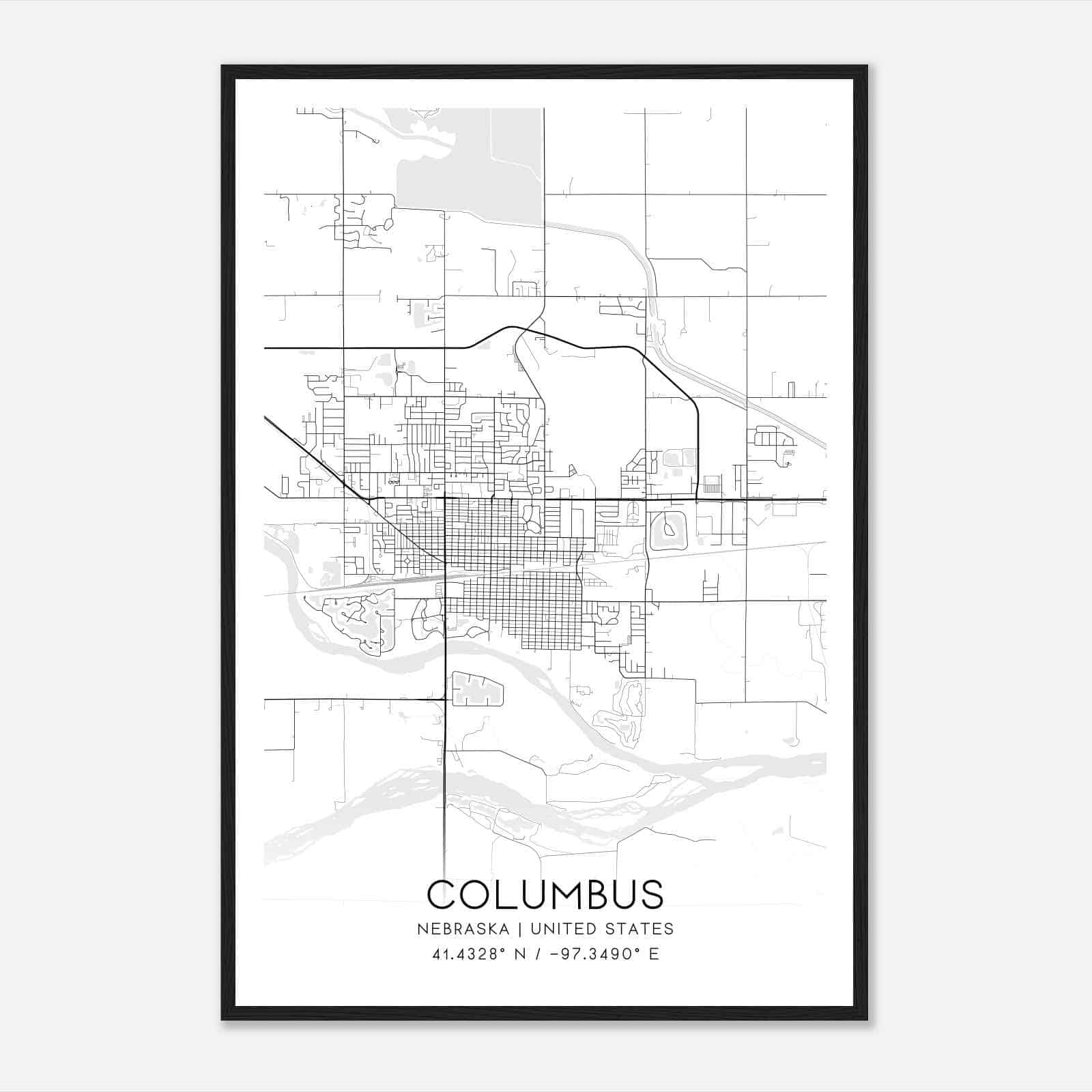 Columbus Nebraska Map Poster, Modern Home Decor Wall Art Print