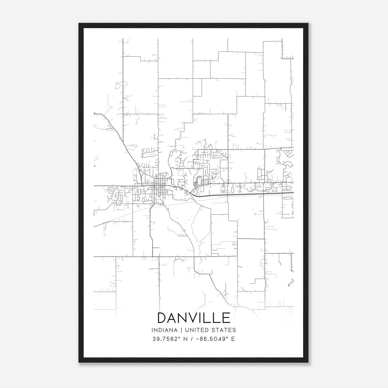 Danville Indiana Map Poster, Modern Home Decor Wall Art Print