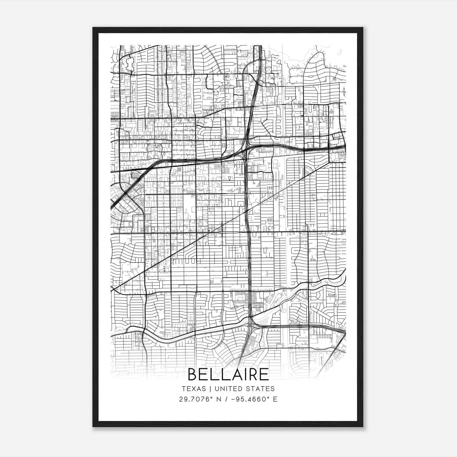 Bellaire Texas Map Poster, Modern Home Decor Wall Art Print