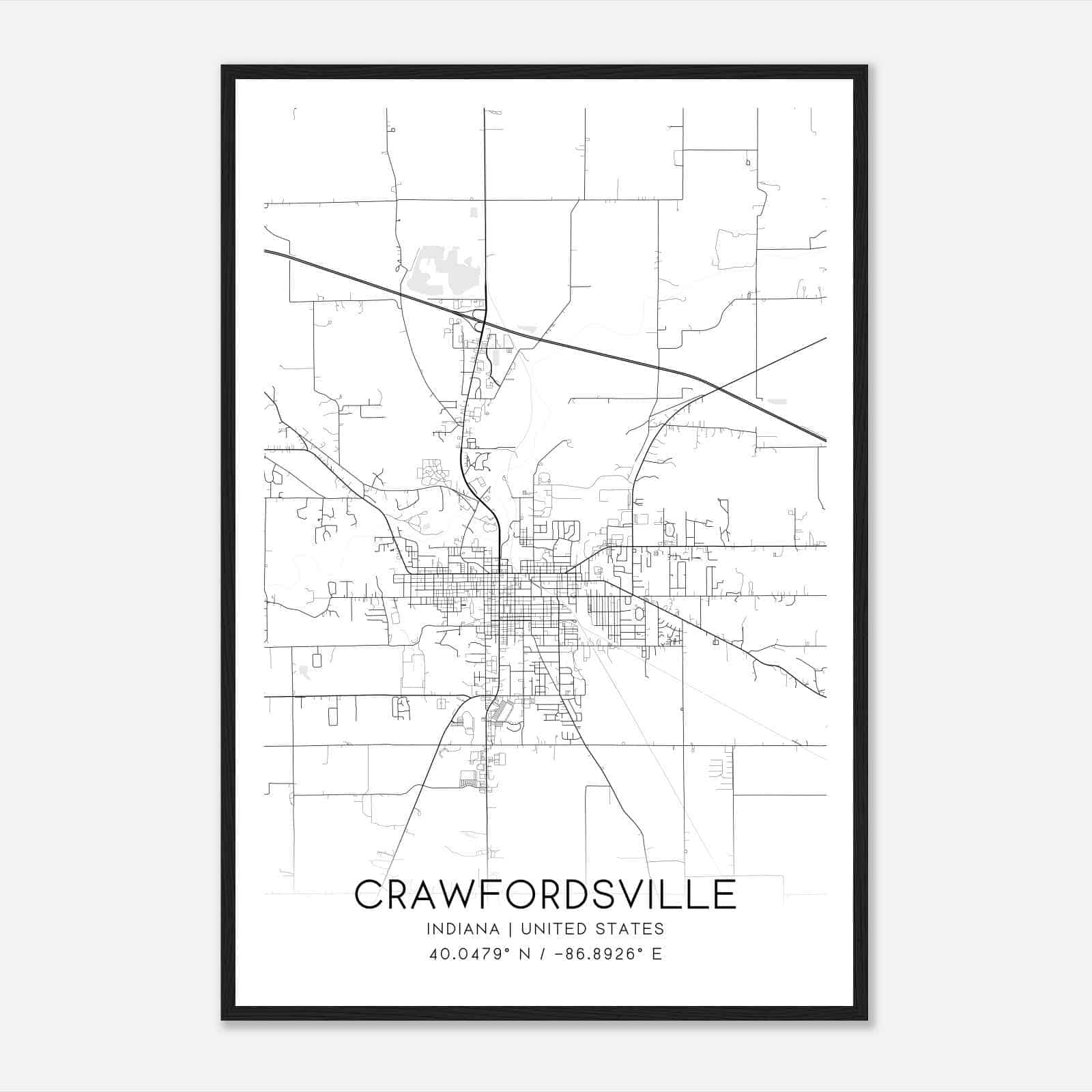 Crawfordsville Indiana Map Poster, Modern Home Decor Wall Art Print