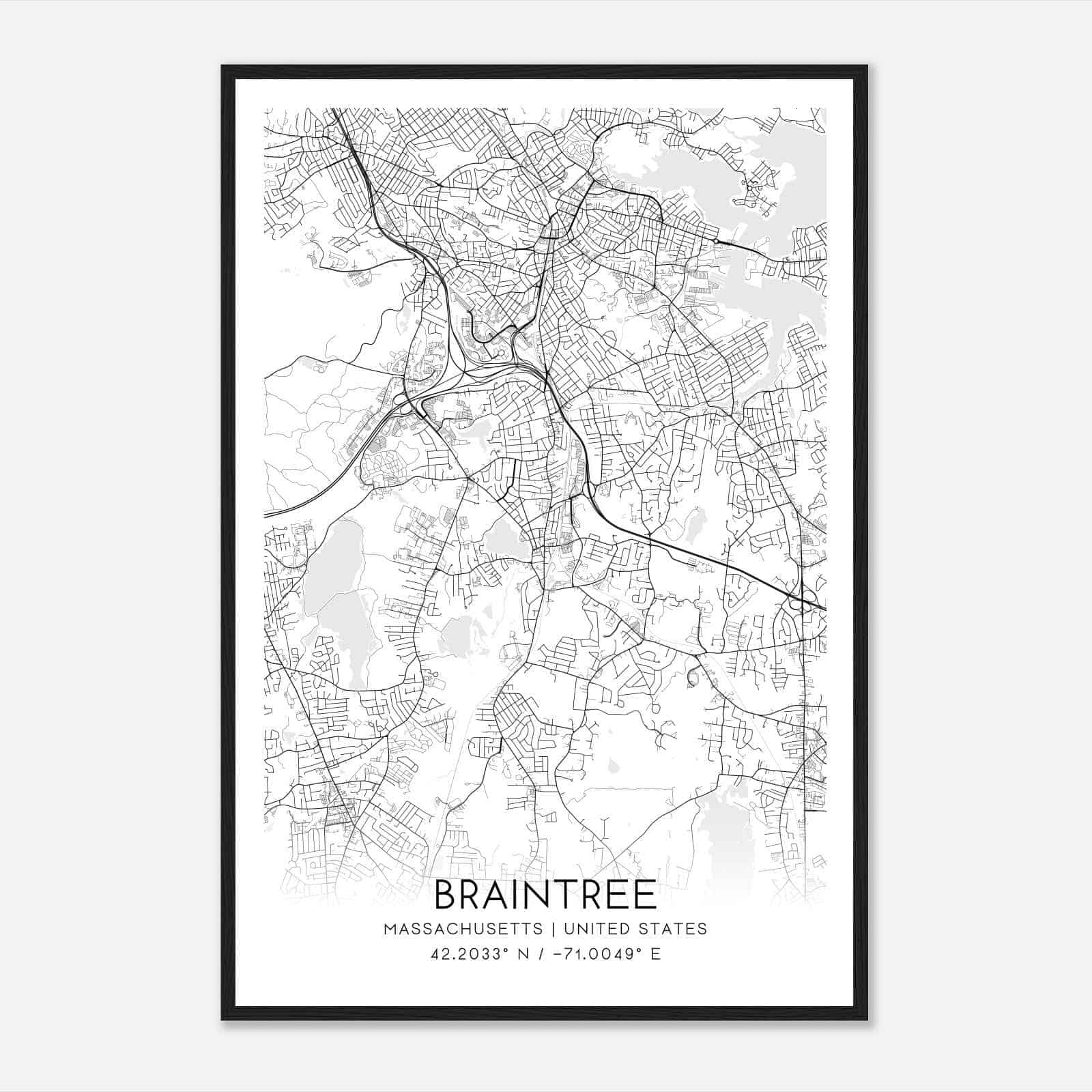 Braintree Massachusetts Map Poster, Modern Home Decor Wall Art Print