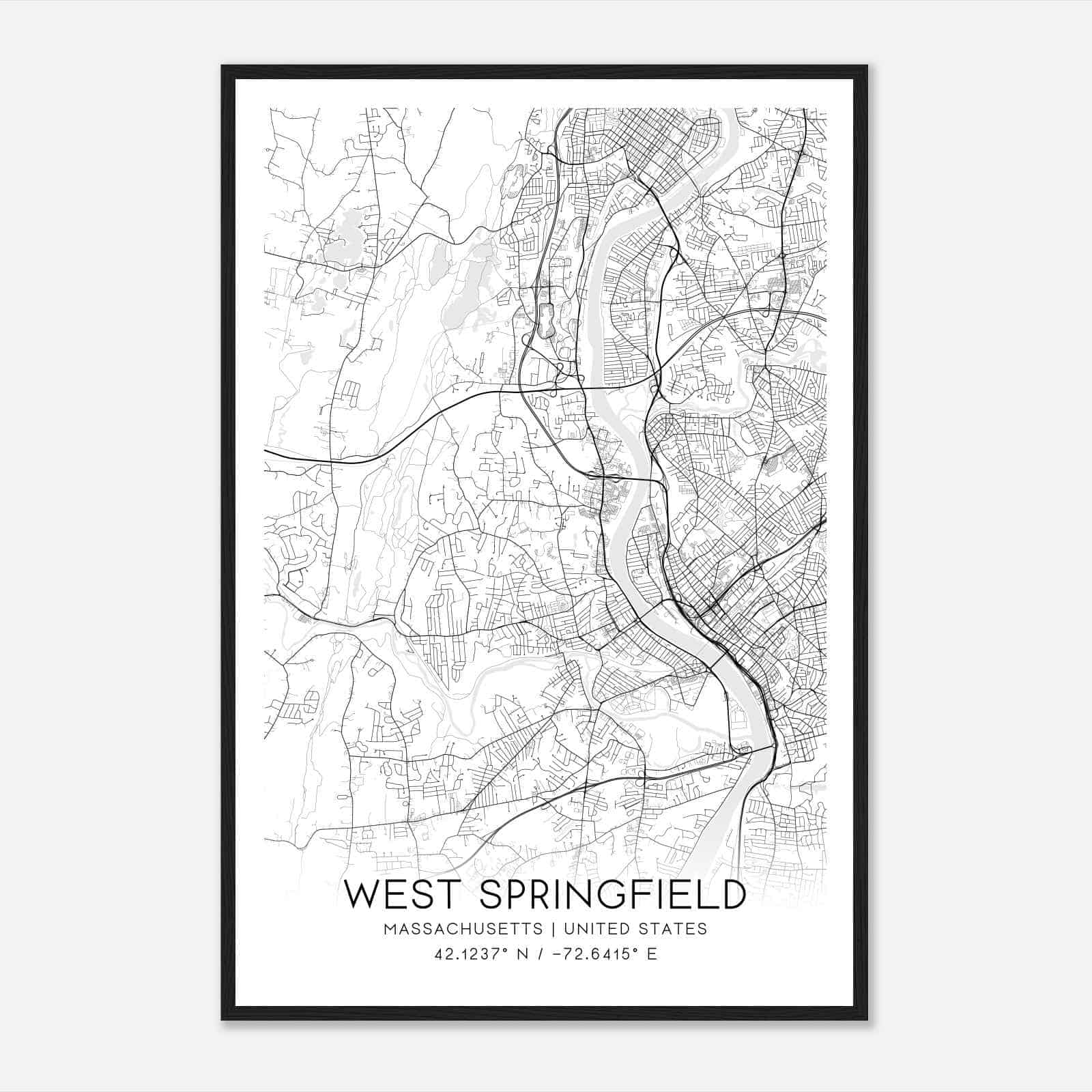 West Springfield Massachusetts Map Poster, Modern Home Decor Wall Art Print