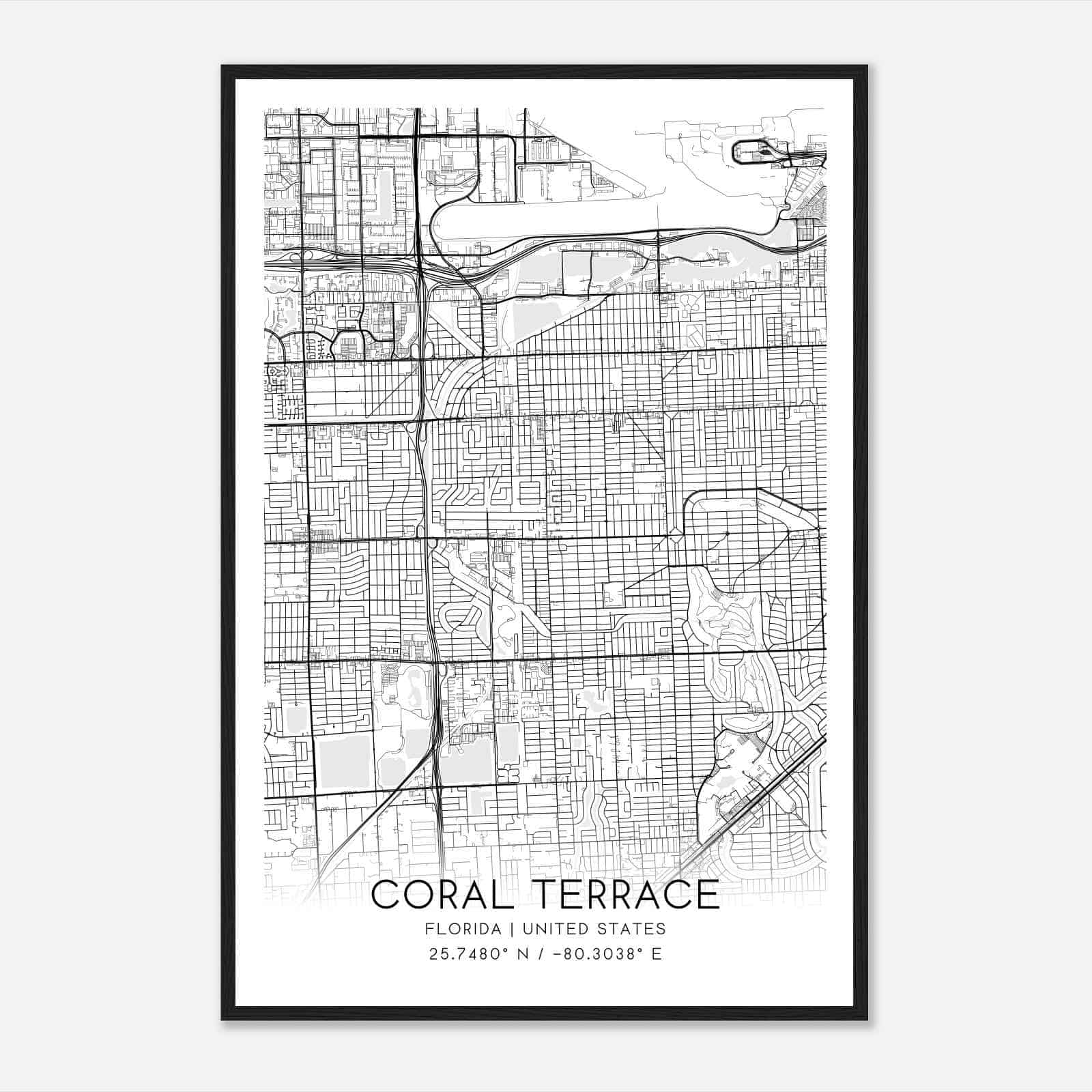 Coral Terrace Florida Map Poster, Modern Home Decor Wall Art Print