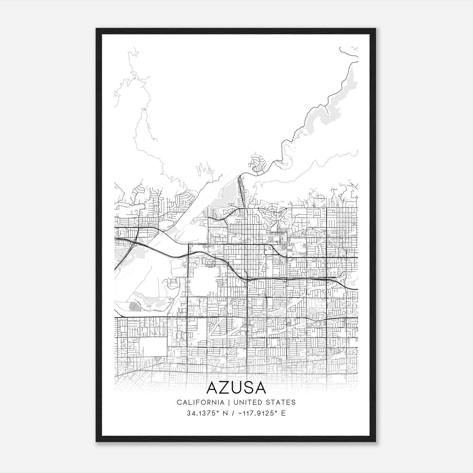 Azusa California Map Poster, Modern Home Decor Wall Art Print